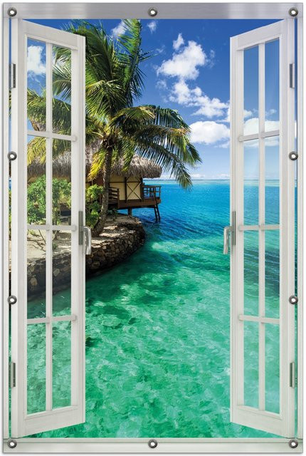 Wallario Gartenposter Fenster-Illusion Karibisches Meer mit einsamer Hütte unter Palmen, Farbe: Blau, B: 80 cm, H: 120 cm - Bild 1