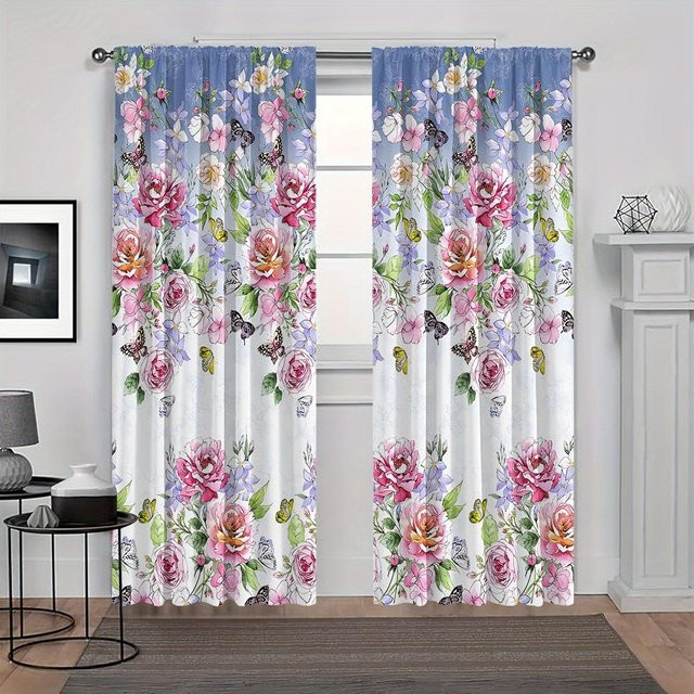 2-teiliges Set semi-transparente Polyester-Vorhänge mit floralem Pfirsichblüten- und Rosenmuster in Multicolour, Breite: 100 cm, Höhe: 130 cm - Bild 1