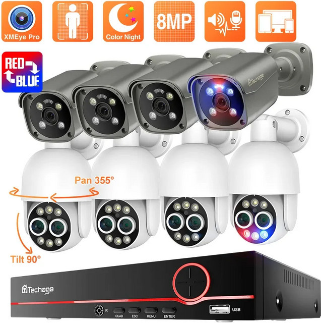 Techage HD 8CH 4K 8MP Überwachungskamera-System mit Dual Lens PTZ POE Kamera, 8X Zoom und KI-Personenerkennung - Bild 1