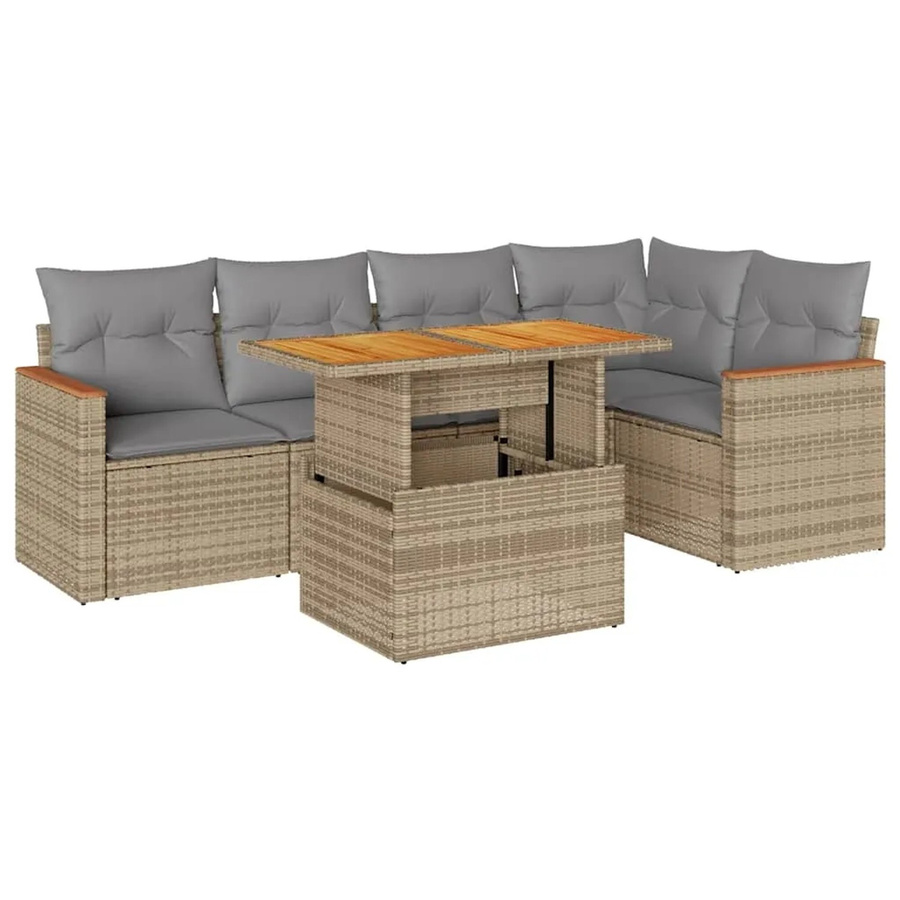 vidaXL 6-teilige Garten-Sofagarnitur in L-Form aus Polyrattan und Akazienholz mit Kissen, Beige-grau - Bild 2