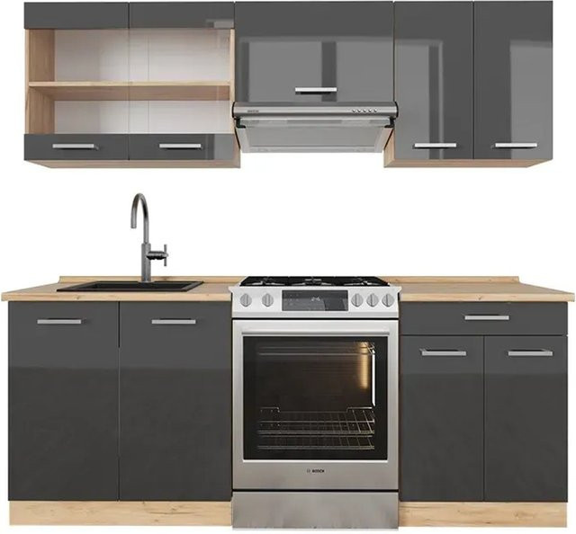 Vicco R-Line Küchenzeile Anthrazit Hochglanz und Goldkraft Eiche, Breite: 200 cm - Bild 1