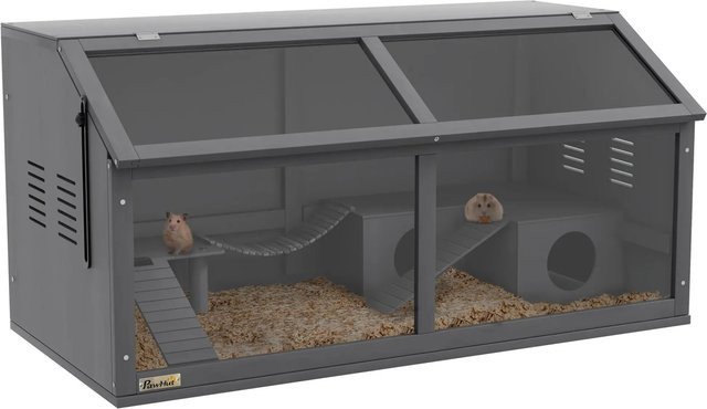 PawHut Hamsterkäfig aus Tannenholz und Acryl in Dunkelgrau mit Hängebrücke und Leitern, B/H/L: 52 x 100 x 50 cm - Bild 1