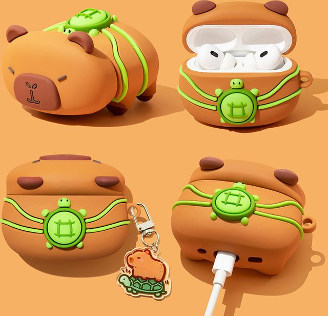 Silikon Schutzhülle im 3D Cartoon Capybara Design für Apple AirPods 4 und AirPods Pro 1 2 3 in Braun - Bild 1