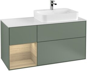 V&B Waschtischunterschrank Finion mit Wandbeleuchtung und offenem Regal links, lackiert, Breite: 120 cm - Bild 1