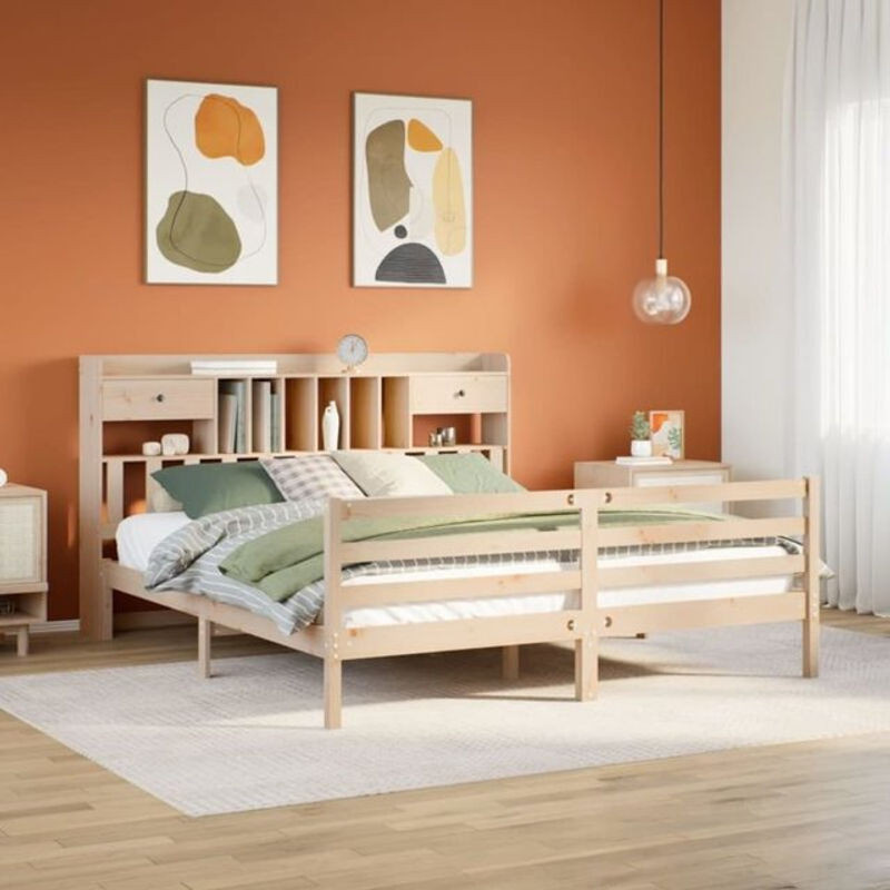 Massivholzbett Vidaxl aus Kiefernholz mit Regal in Braun und Natur, B/T/H: 180 x 200 x 110 cm - Bild 1