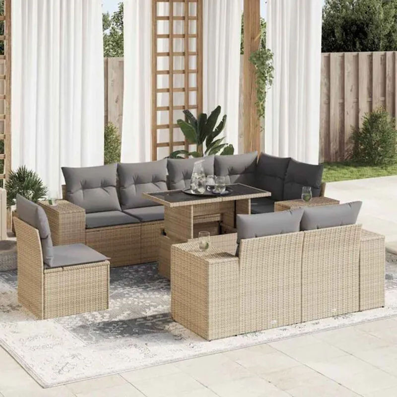 VIDAXL 9-tlg. Garten-Sofagarnitur aus Polyrattan mit Kissen in Beige und Grau - Bild 1