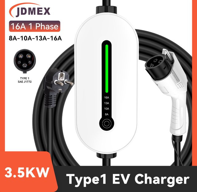 JDMEX Tragbares EV Ladegerät Typ 1 mit 3,5 kW und 16 A, Einstellbarer Strom, SAE J1772 Ladebox für Elektrofahrzeuge, Weiß - Bild 1