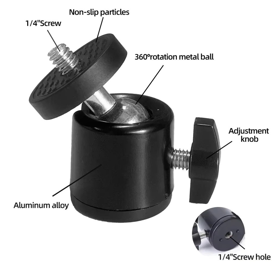 EXSKOF Mini-Kugelkopf-Adapter aus Aluminiumlegierung mit 1/4-Zoll-Schraube, 360 Grad drehbar, Farbe: Schwarz - Bild 3