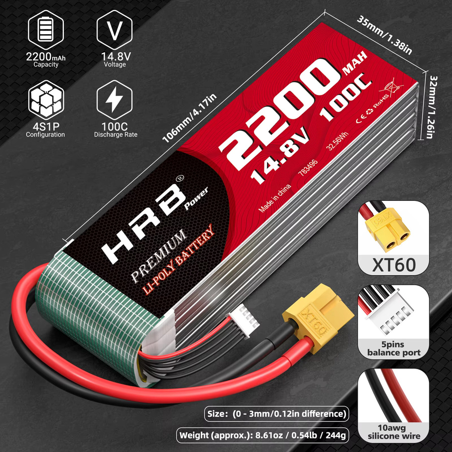 HRB Power LiPo Batterie 14,8 V 4S 2200 mAh 100C mit XT60 Anschluss für RC Quadcopter, Hubschrauber, Boot, Auto und Flugzeug - Bild 2