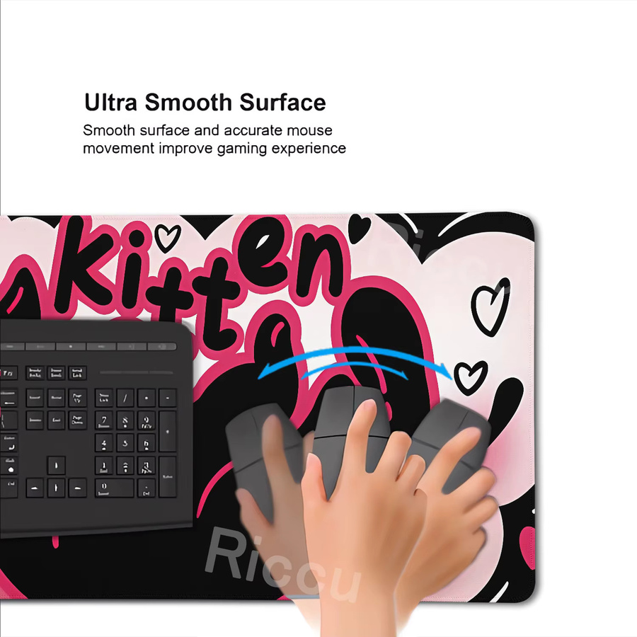 Riccu XXL Mauspad Kawaii Schwarzes Kätzchen als große Tastaturmatte und Tischunterlage für PC und Büro - Bild 3