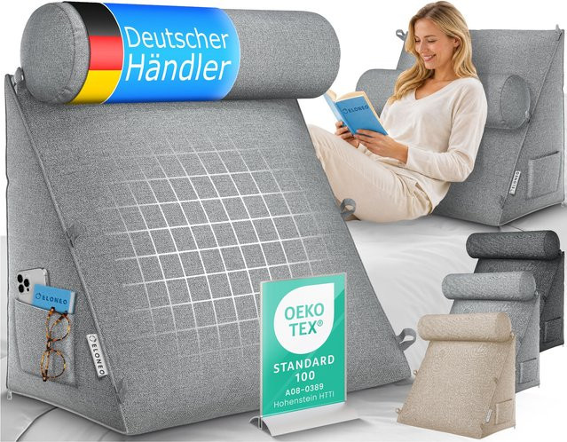 ELONEO Rückenkissen Grau mit verstellbarer und abnehmbarer Nackenrolle, dreieckiges Keilkissen für Bett und Sofa mit waschbarem Bezug und Seitenfach, Breite: 50 cm - Bild 1