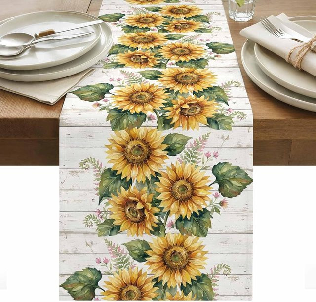 JINGYUE Pet Tischläufer aus Leinen mit Sonnenblumen-Design in Beige, B/H: 150 x 33 cm - Bild 1