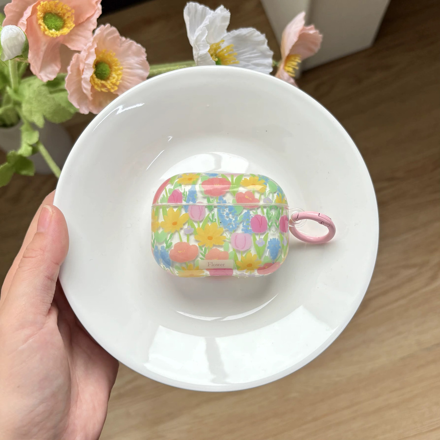 Transparente AirPods Schutzhülle mit buntem Blumenmuster und pinkem Ring für Apple AirPods 1 2 3 4 Pro und Pro 2 - Bild 2