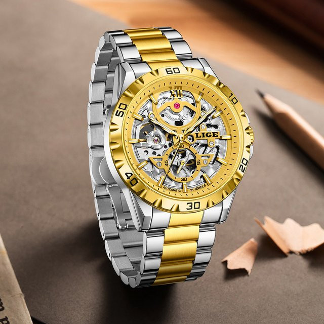 LIGE Armbanduhr Automatik, Edelstahl, Gold, Silber, Herren - Bild 1