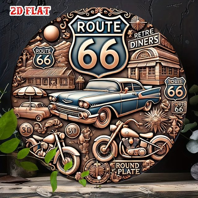 Potdemiel Vintage Route 66 Rundes Aluminiumschild in Blau mit Auto- und Motorrad-Design als Metallwandkunst für Garage und Zuhause, Durchmesser: 20 cm - Bild 1