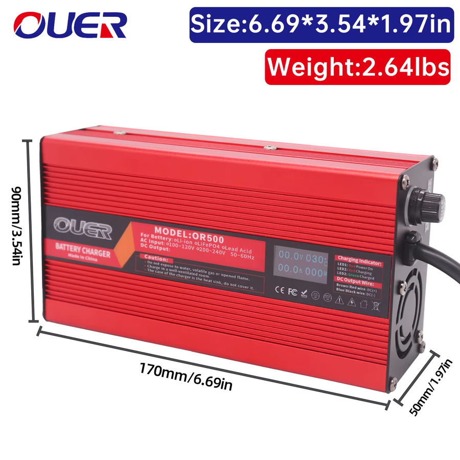 OUER Lithium-Batterie Ladegerät für 48V 13S mit OLED-Display in Rot, 54,6V 8A Schnellladegerät - Bild 2