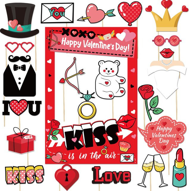 Photo Booth Requisiten Set für Valentinstag und Hochzeiten mit Herz-Motiven und Rahmen in Rot aus Papier - Bild 1