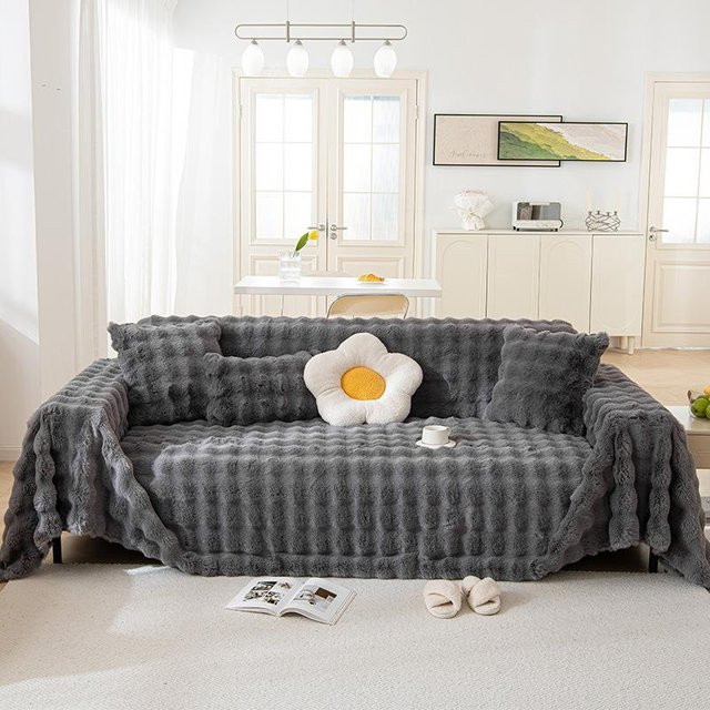 Ins Style Sofabezug aus Plüsch und Fleece in Creme-Stil, B/T: 180 x 130 cm - Bild 1