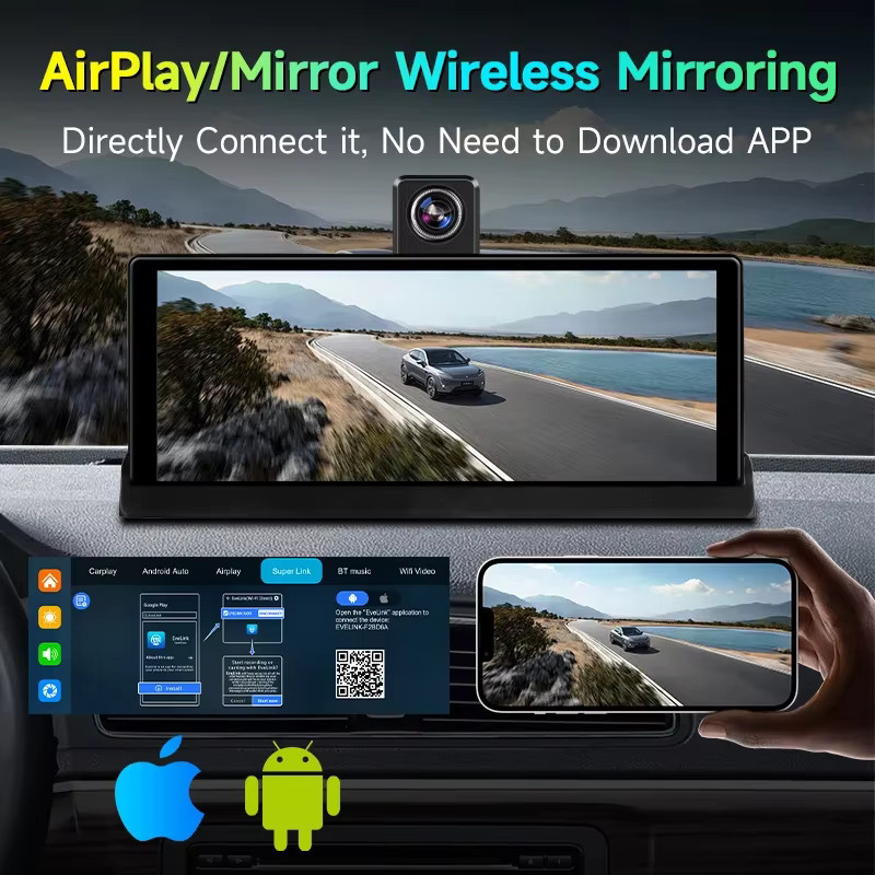 Srnubi 4K ADAS Dash Cam mit 10,26 Zoll Display, Wireless CarPlay, Android Auto und 360 Grad Rotation, Schwarz - Bild 3