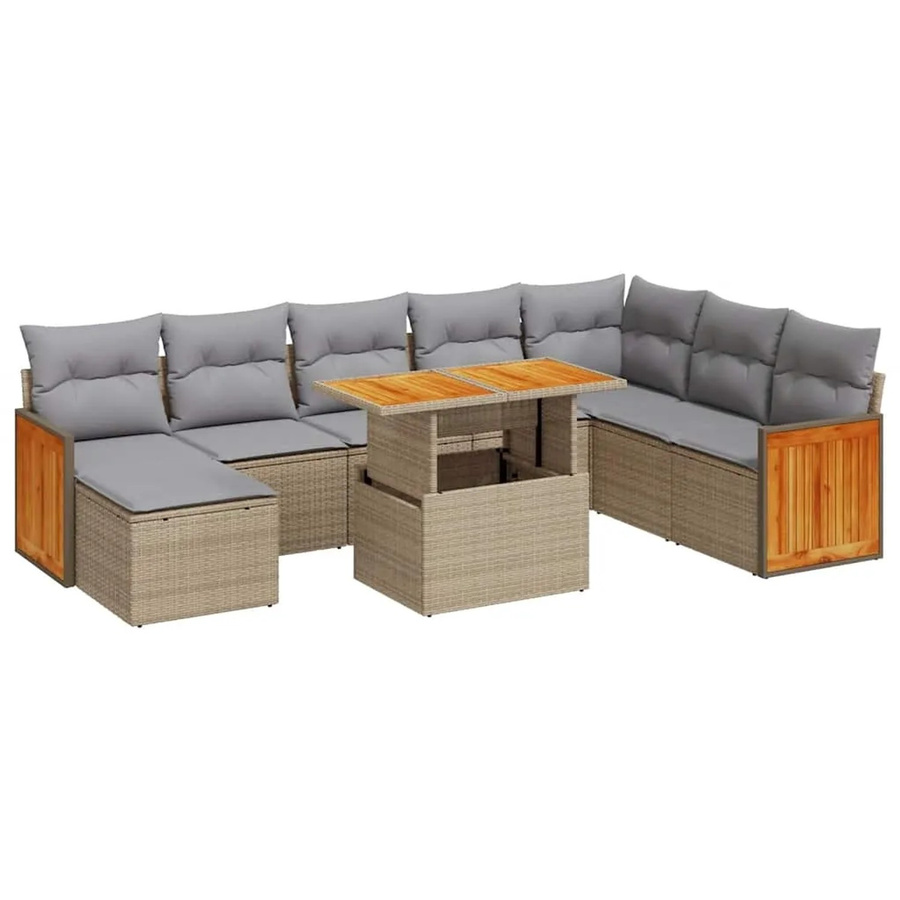 vidaXL 9-teilige Garten-Sofagarnitur aus Poly-Rattan und Akazienholz in Beige-grau mit Kissen - Bild 2