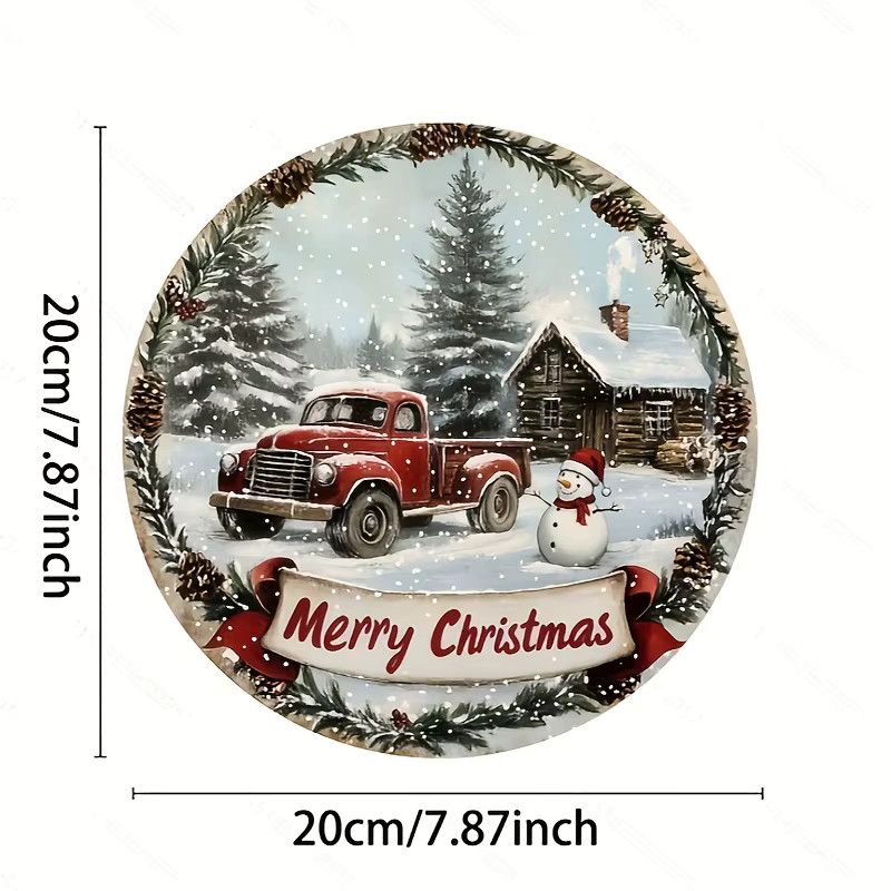 Potdemiel Vintage Weihnachtskranz-Dekorschild aus Aluminium mit Schneemann und rotem LKW, runde Hängekunst für Weihnachten, Durchmesser: 20 cm - Bild 2