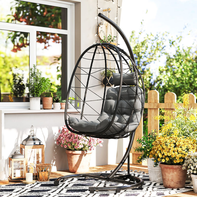 Outsunny Hängesessel Egg-Design aus Rattan mit Gestell und Kissen in Schwarz und Grau, Höhe: 195 cm - Bild 2