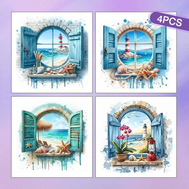 HUACAN 4er Set Diamantmosaik DIY Kits Meerlandschaft mit Leuchtturm, Wanddekoration in Multicolour mit runden Bohrern - Bild 1