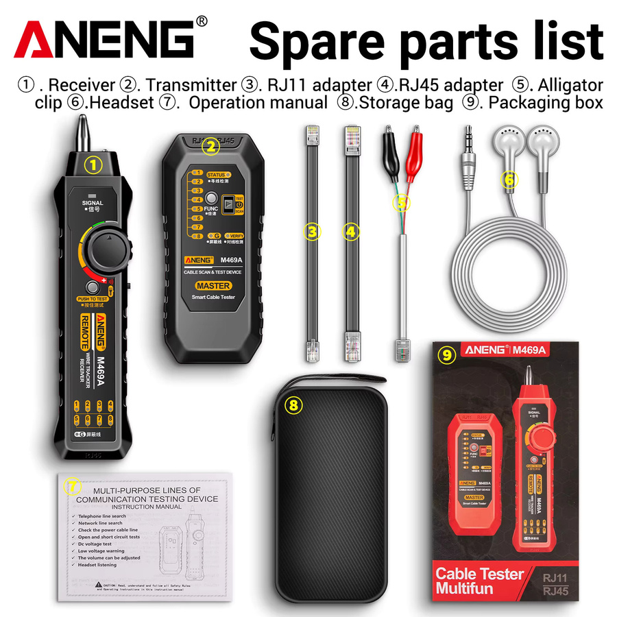 ANENG M469A Netzwerkkabel-Tester RJ45 RJ11 LAN-Kabelfinder mit Taschenlampe in Schwarz - Bild 5