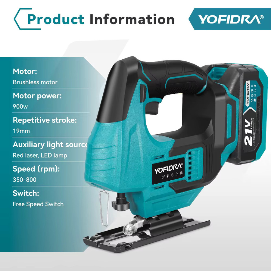 YOFIDRA Bürstenlose Elektrische Stichsäge mit Roter Linien-Laser für Holz und Rohre, Kompatibel mit Makita 18-21V Akku, Farbe: Rot - Bild 2