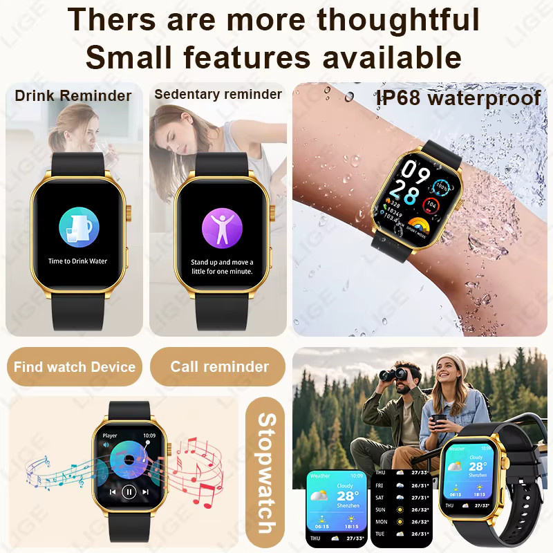 LIGE Smartwatch Gold mit Herzfrequenzmonitor und IP68 Wasserdichtigkeit für Damen und Herren - Bild 5