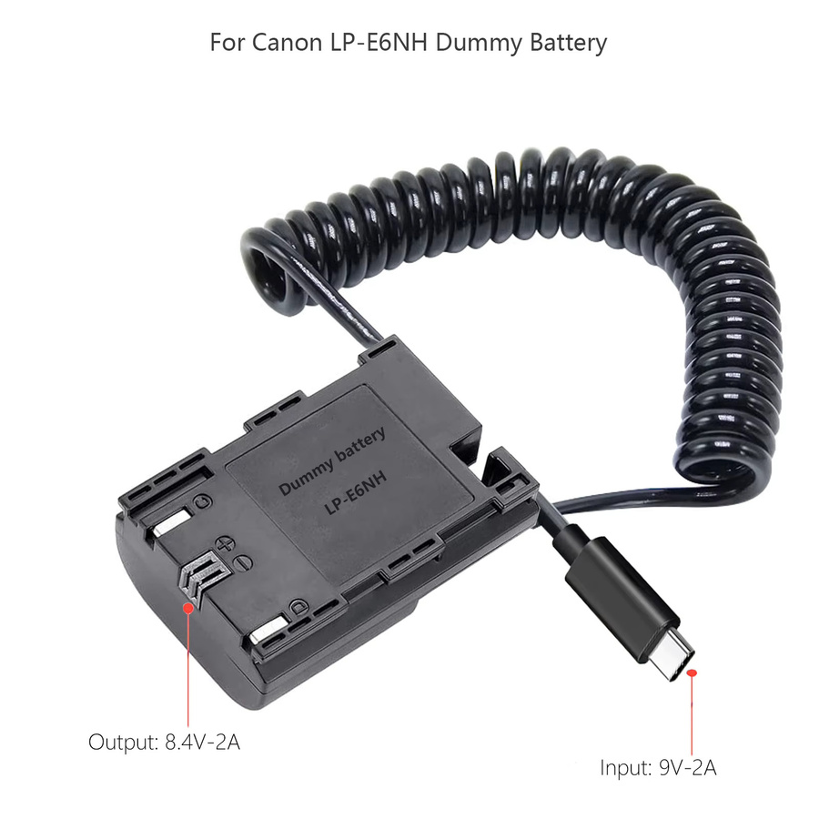 USB-C auf LP-E6NH Dummy-Batterie mit Spiralkabel für Canon Kameras in Schwarz - Bild 2