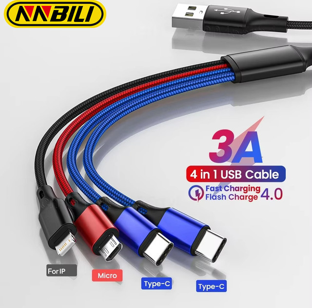 NNBILI 4-in-1 USB-Mehrfach-Ladekabel mit USB-C und Micro-USB, 3A Schnellladekabel für iPhone, Samsung und Huawei - Bild 1