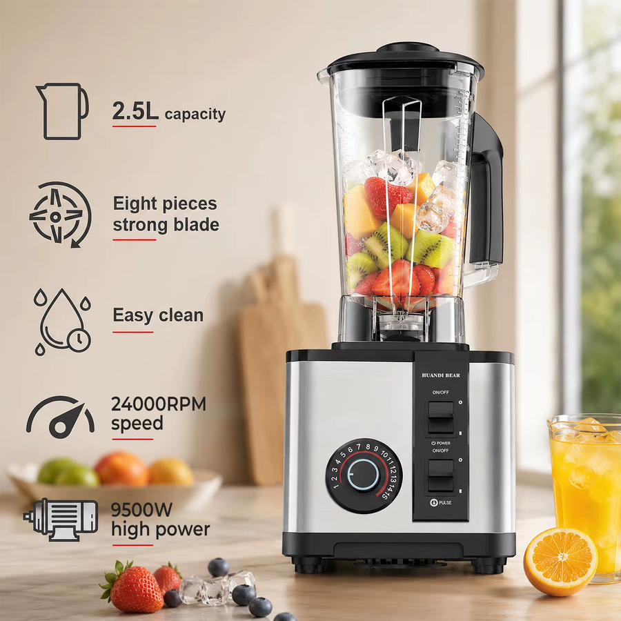 2-in-1 Hochgeschwindigkeits-Standmixer und Zerkleinerer mit 9500W, 8-Klingen-Smoothie-Maker und 24000 U/min, Silber, 2,5 l - Bild 4
