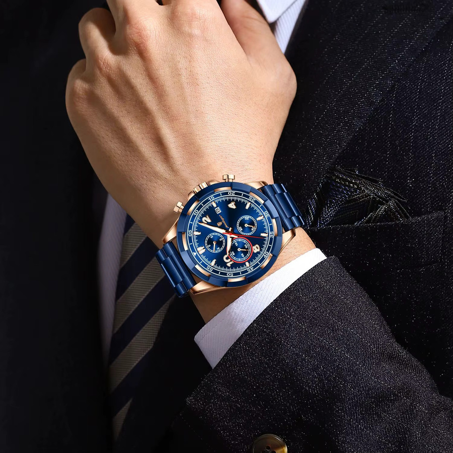 POEDAGAR Armbanduhr Chronograph, Quarz, Edelstahl, Blau, Herren - Bild 5