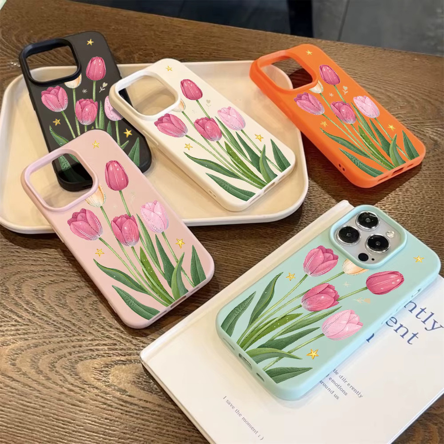 Silikon Handyhülle mit rosa Tulpenblumen für Apple iPhone 11 12 13 14 15 16 17 Pro Max Plus XS X XR in Pink und Multicolour - Bild 3