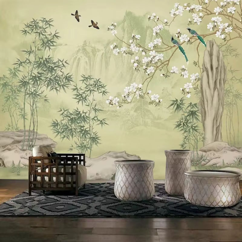 3D Wandtapete von Jiadou mit Bambus, Wald, Magnolia-Blumen und Vögeln in Multicolour aus wasserfestem Canvas für dein Wohnzimmer oder Arbeitszimmer - Bild 2