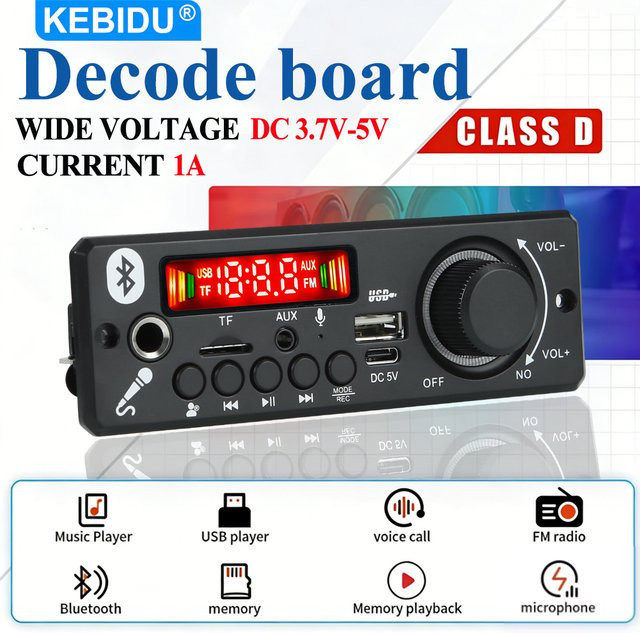 KEBIDU Bluetooth MP3-Player Decoder-Board mit 6W Verstärker, USB und TF-Slot, Stereo-Audio-Modul in Schwarz - Bild 1