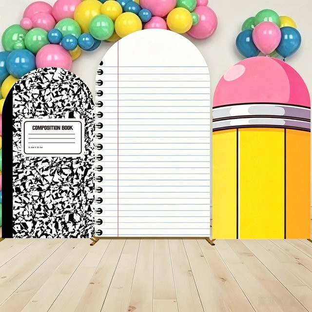 Yeele Back-to-School Bogen-Hintergrunddekoration mit Notizbuch- und Bleistift-Motiv, Mehrfarbig, A4 - Bild 1