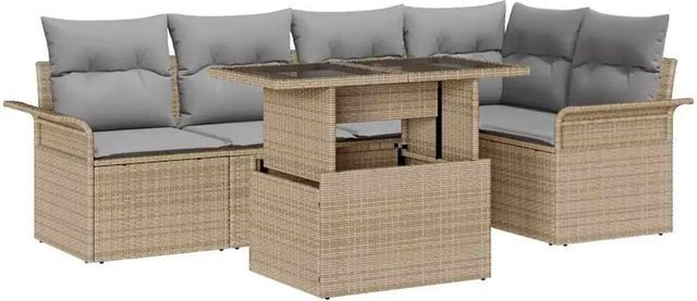 vidaXL Garten-Sofa-Set aus Poly Rattan in Beige-grau mit Kissen und Tisch, 6-teiliges L-Shape Lounge-Set - Bild 1