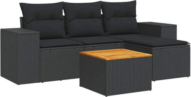 vidaXL 5-tlg Garten-Sofagarnitur aus Poly-Rattan und Akazienholz in Schwarz mit Kissen Modell 71 - Bild 1