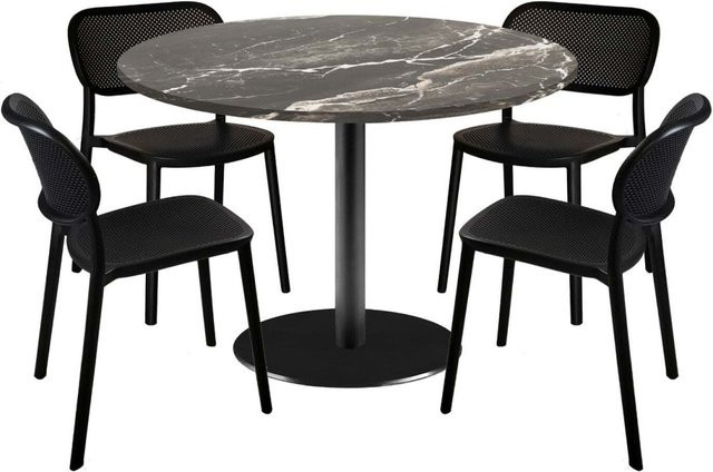 RestooTab Esstisch-Set Rome XL mit 4 Stühlen, runder Esstisch in Stein-Optik, schwarz/braun marmoriert, B/T/H: 120 x 120 x 75 cm - Bild 1