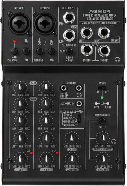 Koogeelife 4-Kanal Mini-Mischpult Digitaler Audio-Mixer mit 2-Band-EQ und 48V-Phantomspeisung in Schwarz - Bild 1