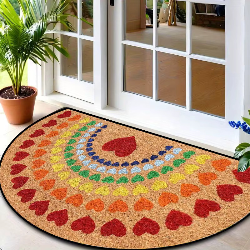 VIKAMA Halbrunde Fußmatte mit Herz-Regenbogen-Druck in Multicolour, dekorativer Kokos-Teppich für Flur, Badezimmer oder Terrasse - Bild 3