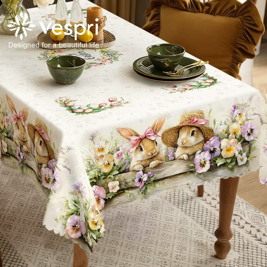 Vespri Oster-Tischdecke aus Polyester in Weiß-Lila mit Blumen- und Hasenmuster für Party und Festlichkeiten, Rund - Bild 3