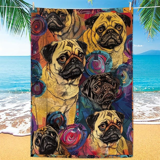 Schnelltrocknendes Mikrofaser Handtuch mit buntem Mops-Motiv, Multicolor, B: 30 cm, H: 60 cm - Bild 1