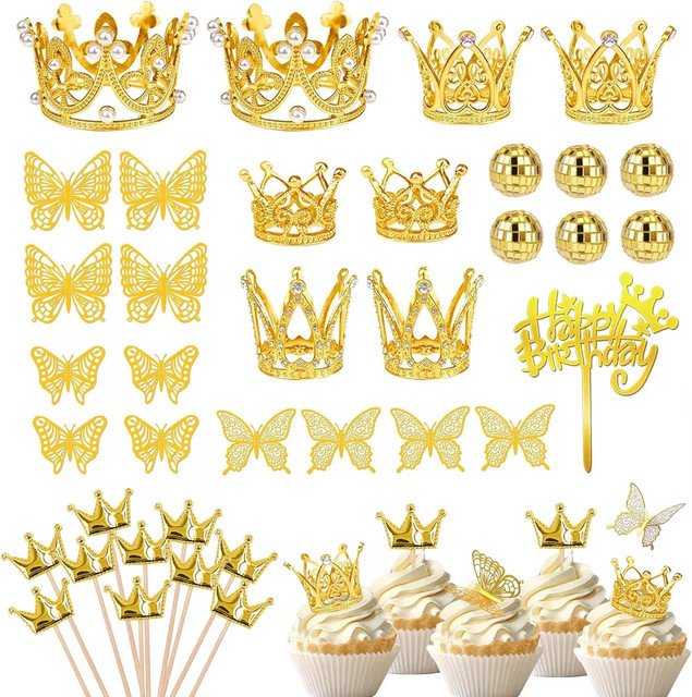 37-teiliges Set goldene Kuchenaufsätze mit Kronen, Schmetterlingen und Discokugeln zur Dekoration für Hochzeit, Geburtstag und Party - Bild 1