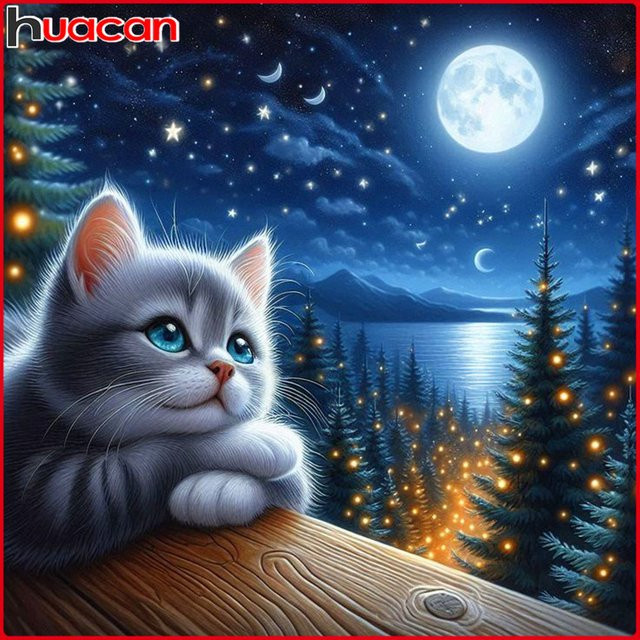 Huacan Diamantmalerei Katze und Mond als Tierlandschaft Dekoration Set mit runden Steinen - Bild 1