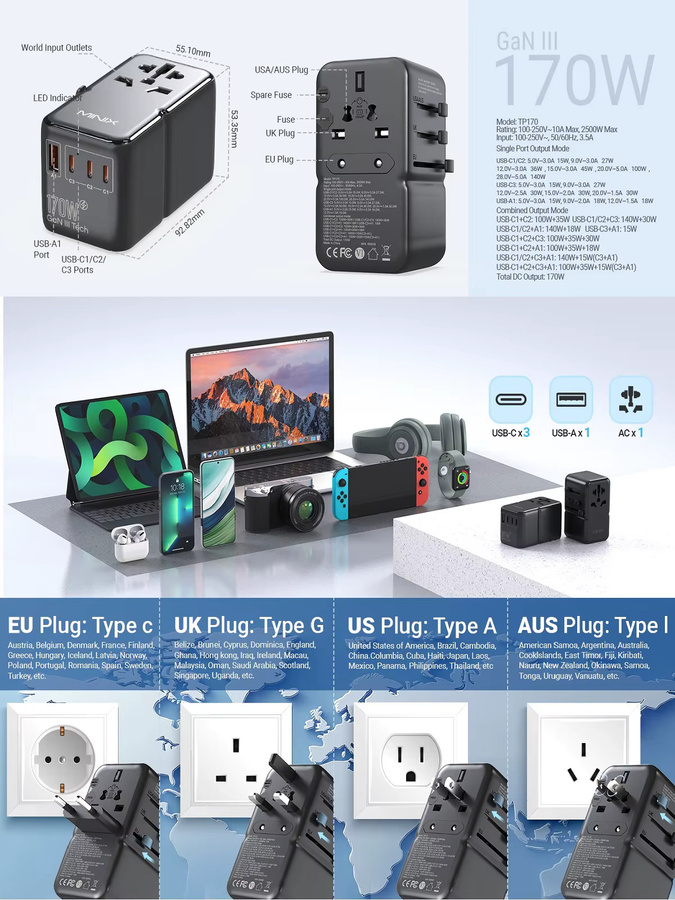 MINIX 170W Universal Reiseadapter GaN III Reiseladegerät in Schwarz mit 3 USB-C und 1 USB-A Anschlüssen - Bild 2