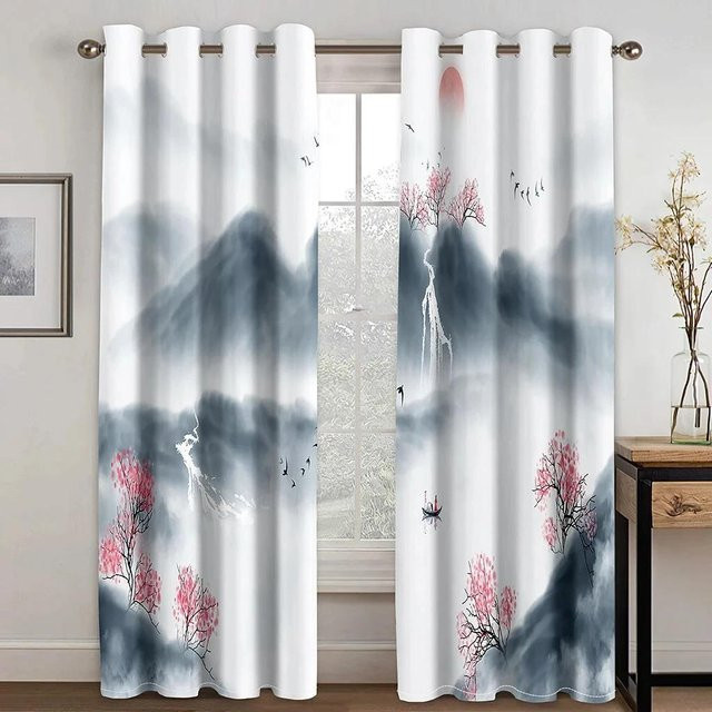 Yiran Furniture Verdunkelungsvorhang im chinesischen Stil mit Landschafts- und Wolkenmotiv, 2er-Set, Mehrfarbig, Breite: 55 cm, Höhe: 120 cm - Bild 1