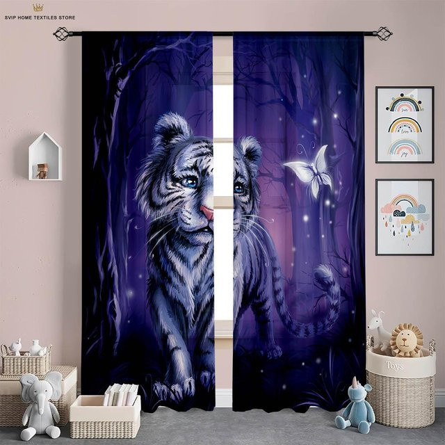 Dekorative 3D-Muster Vorhänge mit Tiger- und Löwen-Motiv für Kinderzimmer und Wohnbereich, Blau, 2er-Set, Breite: 50 cm, Höhe: 130 cm - Bild 1